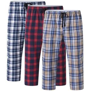 3Pcs 남성용 100% 코튼 격자 무늬 파자마 슬리핑 바지, 긴 격자 무늬 프린트 잠옷 파자마 바지, 신축성있는 허리 Homewear