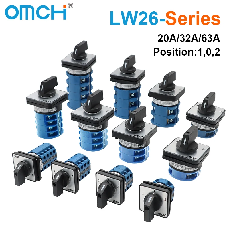 OMCH LW26-20/32/63 로터리 캠 스위치 3단계 1-0-2 1/2/3/4극 실버 접점 440V 4/8/12/16단자 범용 스위치