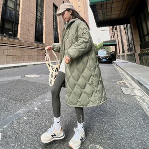 2025 가을 겨울 신상 다운 코튼 재킷 여성 롱 오버 니 루즈핏 다이아몬드 그리드 퀼팅 재킷 페이크 투피스 파카