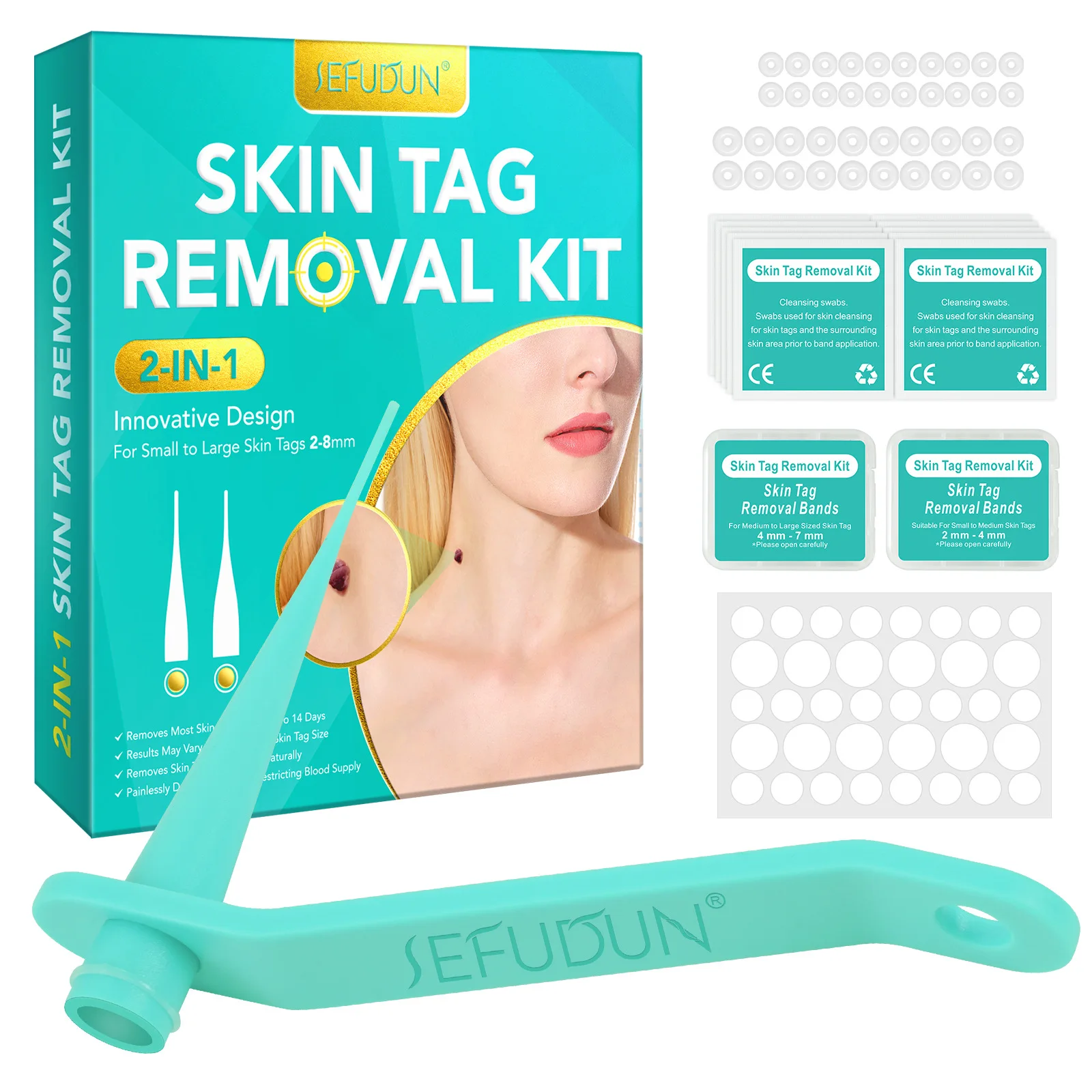 피부 태그 제거 키트 (소형 및 대형 태그 2-8mm, 가정용, 안전하고 효과적인 피부 태그 제거 밴드 및 클렌징 면봉 포함)