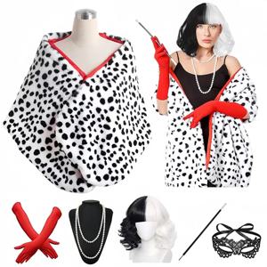 Cruella Deville 여성용 짧은 달마시안 프린트 숄, 빨간 장갑, 진주 목걸이, 할로윈 코스튬, 6 피스