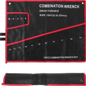 빨간색 스티치가 있는 16포켓 검정색 도구 가방 - 정비공 및 장인을 위한 소형 렌치 정리함, 안전한 지퍼 및 다중 포켓
