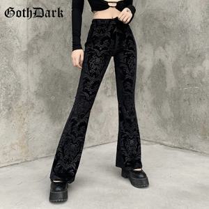 고스 다크 빈티지 꽃 긁힌 몰 고딕 바지 벨벳 하이 웨이스트 스키니 플레어 바지 여성용 streetwear Cyber ​​y2k 바지