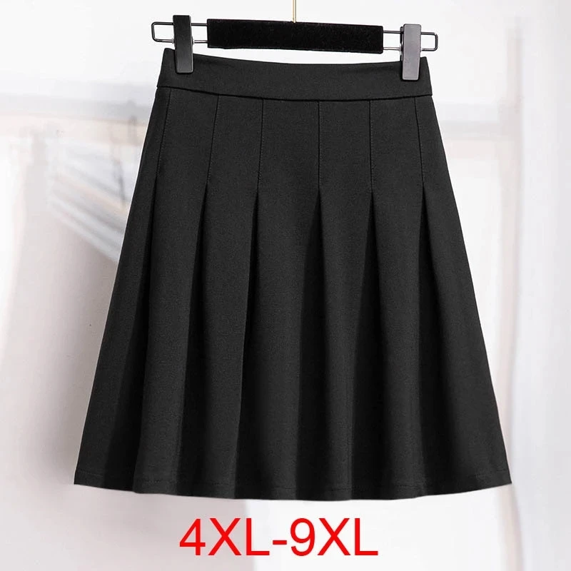 150Kg 플러스 사이즈 여성 가을 ​​느슨한 플리츠 a 라인 스커트 4XL 5XL 6XL 7XL 8XL 9XL 솔리드 탄성 허리 스커트 블랙