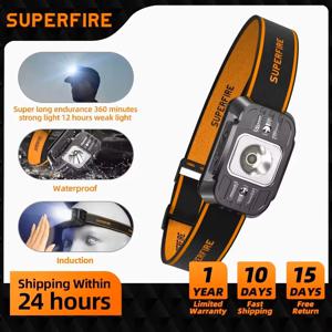 SUPERFIRE 미니 LED USB C 충전식 고출력 미니 헤드 램프 라이트 센서 헤드라이트 전조등 작업용 낚시 헤드램프