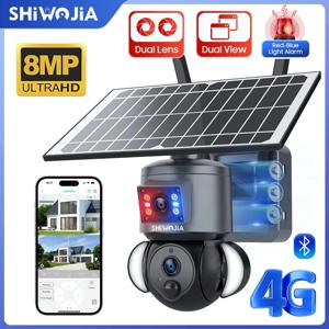SHIWOJIA 4K 8MP 태양광 카메라 4G SIM/WIFI 보안 야외 듀얼 렌즈 녹화 휴머노이드 추적 컬러 야간 투시경 PTZ 캠
