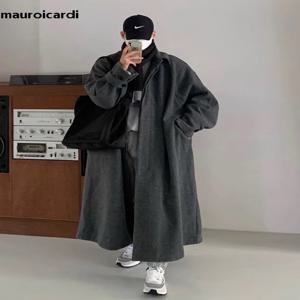 Mauroicardi 가을 겨울 긴 따뜻한 그레이 블랙 Slouchy 모직 코트 남성 싱글 브레스트 루즈 캐주얼 울 블렌드 오버 코트 2023