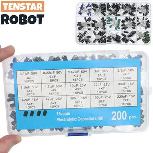 200pcs 방사형 커패시터 세트 15 값 10V 16V 25V 50V 0.1 미크로포맷-220 미크로포맷 전해 커패시터 분류 키트 0.22 미크로포맷 2.2 미크로포맷 100 미크로포맷