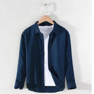 M-3XL 스탠드 칼라 무지 컬러 긴팔 빈티지 남성용 스트리트웨어, 싱글 브레스티드 린넨 셔츠, 용수철 및 여름