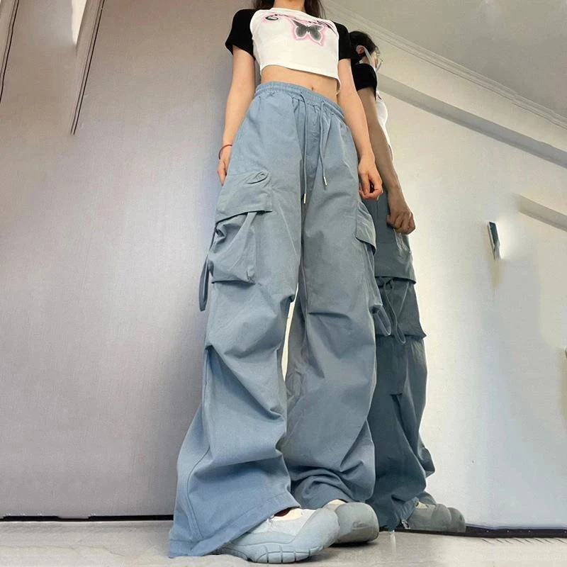 여성 Y2K 카고 바지 하이 웨스트 streetwear 힙합 바지 여성 큰 주머니 캐주얼 로우 허리 drawstring 헐렁한 스웨트 팬츠