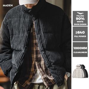 Maden 남성용 빈티지 코듀로이 다운재킷 겨울 두툼한 보온 줄무늬 후드 아우터 탈착식 후드 따뜻하고 편안한 상의 검정색 회색 선택 가능