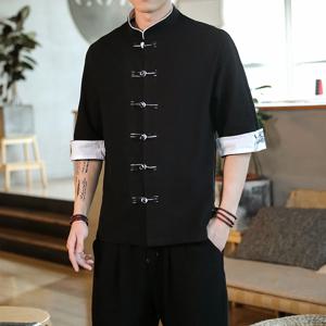 2024 여름 크레인 자수 탑 중국어 번체 스타일 망 빈티지 하프 슬리브 리넨 셔츠 Madarin Collar Kungfu Shirt
