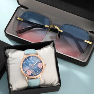 여성용 패션 시계 캐주얼 팔찌 시계 안경 세트, 심플 다이얼 쿼츠 손목시계, 원피스 시계 Montre Femme
