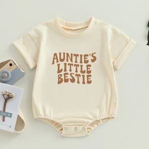 Auntie's Little Bestie Bubble Romper 신생아 아기 소녀 소년 옷 여름 짧은 소매 Crewneck 귀여운 바디 슈트 탑 복장