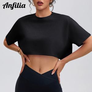 Anfilia 여성 패션 요가 셔츠 루즈 피팅 크루 넥 반팔 95% 코튼 통기성 체육관 피트니스 러닝 크롭 탑