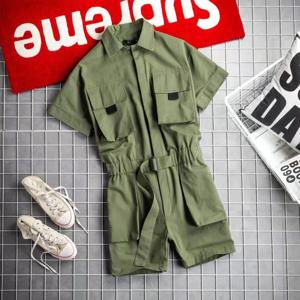 2024 여름 신사복 일본 반팔 반바지 점프 슈트 세트 트렌디 한 레트로 작업 스타일 점프 슈트 루즈 세트 울트라 얇은 아이스 실크