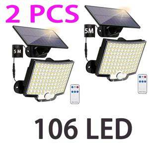106LED 태양 야외 조명 모션 센서 원격 벽 홍수 램프 보안 방수 파티오 정원 차고 울타리 통로 조명