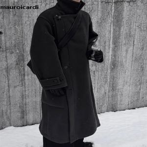Mauroicardi 가을 겨울 대형 긴 두꺼운 부드러운 따뜻한 블랙 울 혼합 코트 남성 럭셔리 디자이너 의류 모직 오버 코트 2024