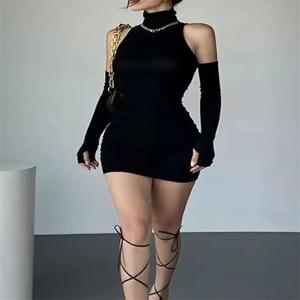 Ruched Bodycon 드레스 여성 터틀넥 미니 드레스 슬리브 가을 블랙 스키니 스트레치 파티 Vestidos 패션 Y2K 의류