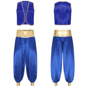 남자 아라비안 프린스 복장 알라딘 코스프레 의상 새틴 조끼 할로윈 카니발을위한 랜턴 바지와 반짝 이는 양복 조끼 복장