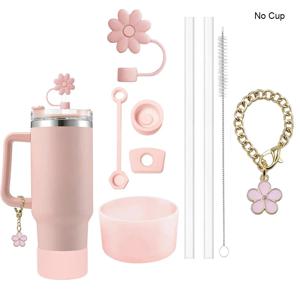 9pcs 액세서리 세트 3 유출 방지 스토퍼 꽃 밀짚 커버 부팅 2 밀짚과 브러시 및 스탠리 컵용 꽃 참 체인 1개