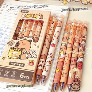 귀여운 카피바라 젤 펜 - 6Pcs Kawaii 펜 세트 빠른 건조 블루 지울 수있는 사무실 학교 Kawaii 미적 문구