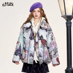 ELFSACK 레트로 마녀 만화 풀 프린트 스탠드 칼라 짧은 다운 재킷, 여성 방풍 따뜻한 코트, 2024 겨울 신상