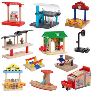나무 기차 트랙 액세서리 Roadblocks 역 장면 토마스 나무 철도 시스템과 호환되는 어린이를위한 교육 장난감
