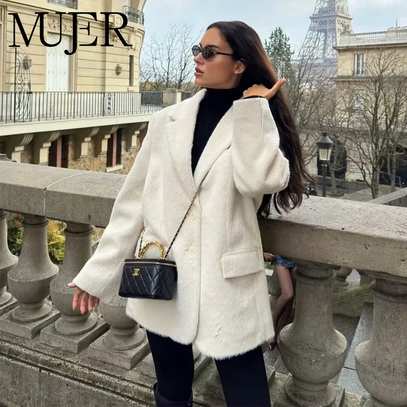 MUJER 여성용 인조 모피 롱 블레이저 패션 캐주얼 블레이저 여성 2025 아우터웨어 긴 소매 자켓 여성용 맞춤 블레이저