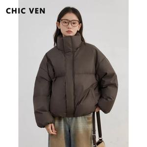 CHIC VEN 여성용 솔리드 스포츠 캐주얼 스탠드 칼라 PU 90 화이트 덕다운 여성 다운 재킷 2025년 가을 겨울 의류