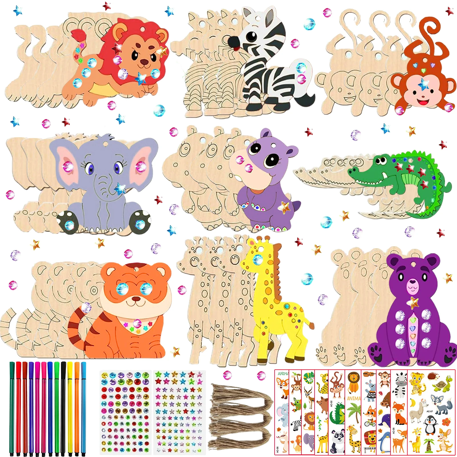 270PCS 동물 나무 공예 세트, 생일 공예, 그림용 나무 펜던트, 공예 세트