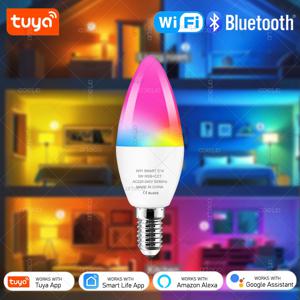 Tuya E14 촛불 램프 스마트 라이프 App 제어 스마트 전구 WiFi 또는 블루투스 RGB + CW LED 조명 220V 디밍이 가능한 크리스탈 램프 룸 장식