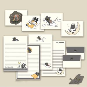 초대장과 편지에 적합한 귀여운 작은 검은 고양이 봉투 종이 세트, 종이 4장과 봉투 4장