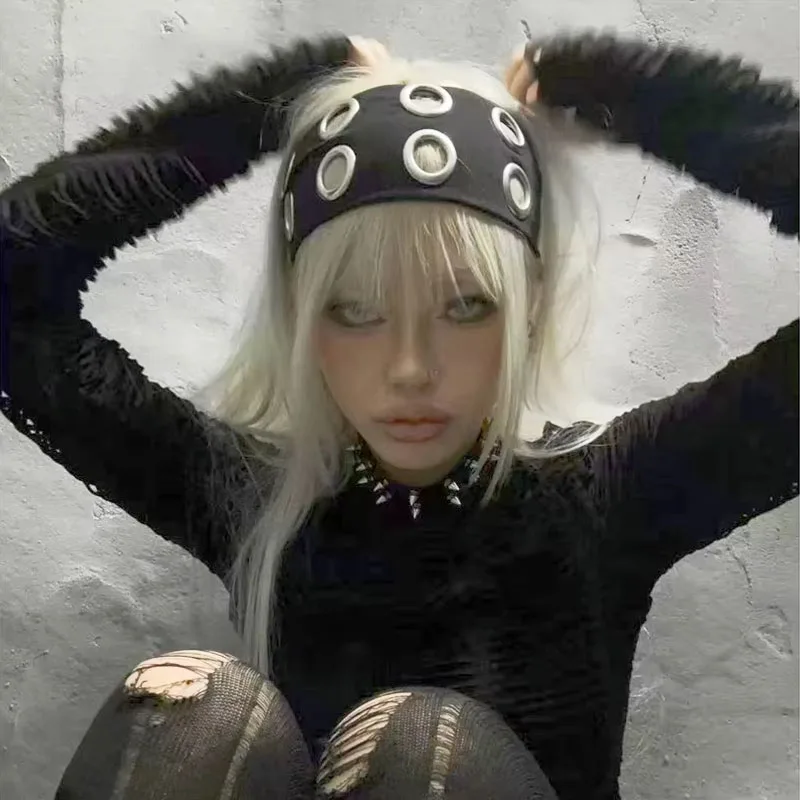 펑크 소녀 속이 빈 Eyelets 넓은 탄성 머리띠 신축성있는 금속 바위 Steampunk 스포츠 머리띠 헤어 액세서리