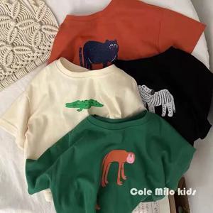 ‌ 한국어 스타일 여름 키즈 티셔츠 귀여운 만화 프린트 루즈 피트 드롭 어깨 미드 슬리브 탑 아기 소년 소녀 유아 의류