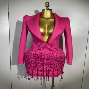 반짝 이는 크리스탈 체인 진주 긴 소매 미니 드레스 2025 여성 생일 저녁 파티 나이트 클럽 복장 가수 결혼식 의상