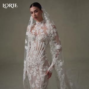 LORIE 빈티지 레이스 인어 웨딩 드레스 섹시한 높은 칼라 긴 소매 신부 PartryGown Backless 공주 신부 드레스 사용자 정의