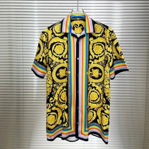 남성용 여름 캐주얼 사회 페이즐리 스트라이프 사이드 플라워 프린트 셔츠를위한 럭셔리 로얄 반팔 셔츠