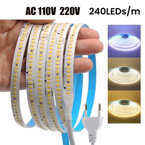 AC 220V 110V LED 스트립 240Leds/M IP44 10CM 컷 홈 장식 따뜻한/자연 흰색 자체 접착 유연한 리본 스트라이프 체인 빛