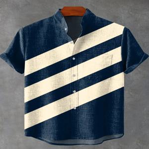 2025 신상 남성 스트라이프 린넨 반팔 셔츠, 여름 상큼하고 편안한 원단, 고급스러운 버튼 탑