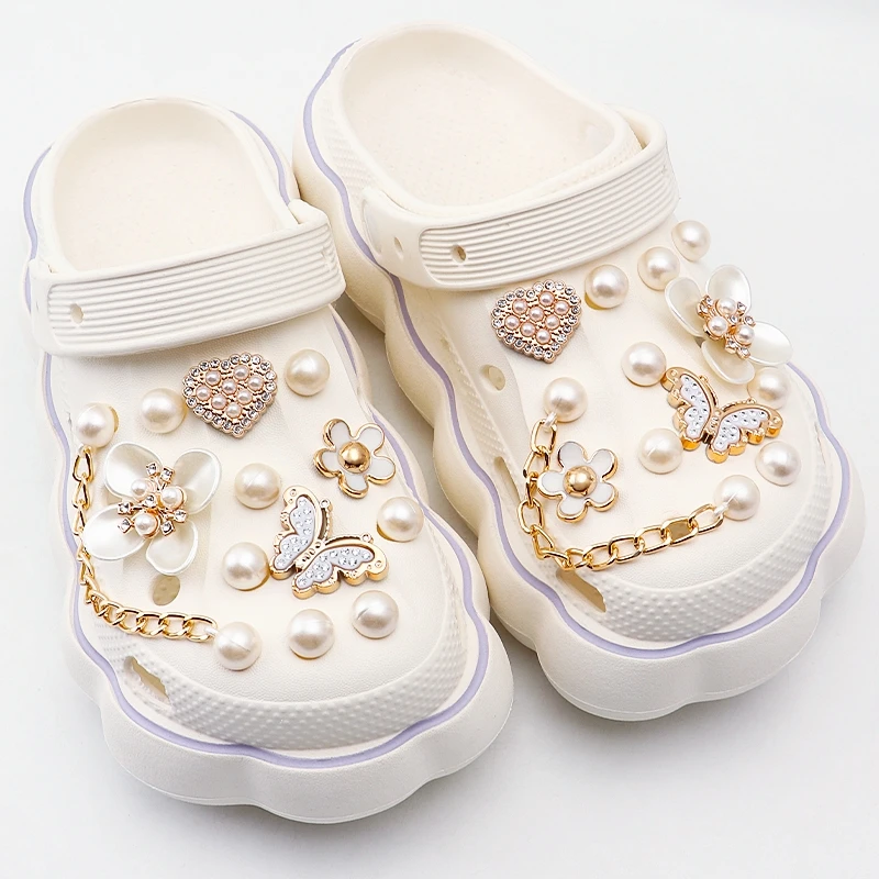 진주 신발 참 세트 크리에이티브 DIY 핑크 신발 꽃 다이아몬드 나비 모양 라인스톤 탈부착 체인 버클 신발 장식 1세트