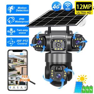 3렌즈 태양광 보안 카메라 실외 4G WiFi PTZ 스마트 무선 감시 카메라 야간 투시 모션 감지 V380 Pro