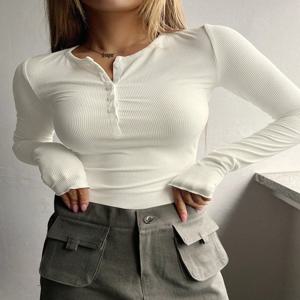 여성용 무지 하프 버튼 앞면 골지 티셔츠, 패션 탑, 캐주얼 핏 긴팔 라운드넥 티셔츠