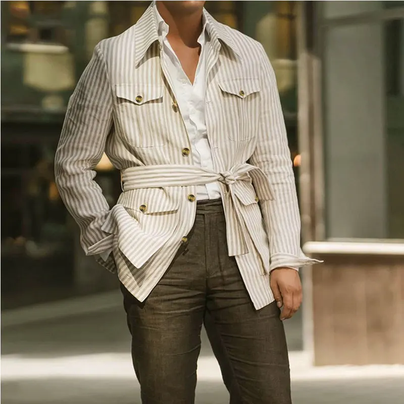 봄 의류 남성용 라이트 럭셔리 긴 소매 스트라이프 포켓 셔츠 캐주얼 스트리트웨어 버튼 다운 셔츠 (벨트 S-5XL 2025 신규)