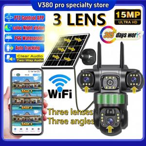WIFI 15MP 태양광 카메라 3렌즈 3화면 10배줌 동작감지 방수 야간투시 CCTV 보안 V380 pro
