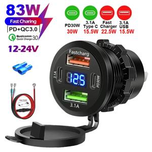 83W 최대 전화 충전기 소켓 PD30W 고속 충전 22.5W 듀얼 USB + 유형 C 콘센트 4 포트 전원 어댑터 전압계 방수