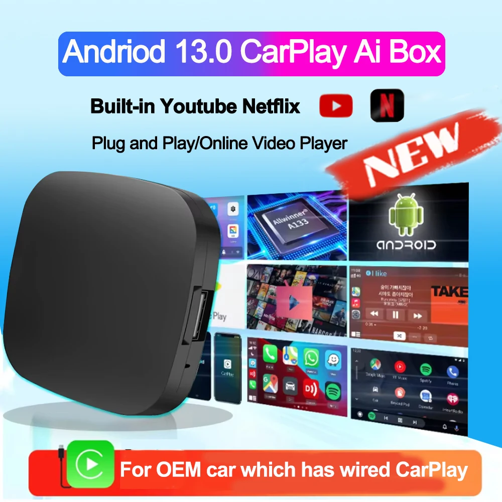 새로운 Android13 CarPlay Boxi Ai Box 지원 Netflix YouTube Google Store OEM 유선 CarPl 용 무선 Carplay Android 자동 어댑터