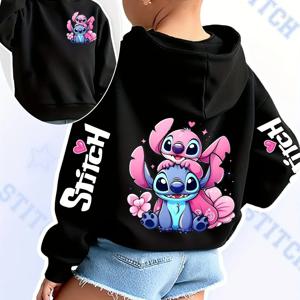 2025 디즈니 후드 패션 스티치 엔젤 몬스터 포켓 스웨트 풀오버 귀여운 후드 소녀 키즈 스웨트 만화 탑 Y2k