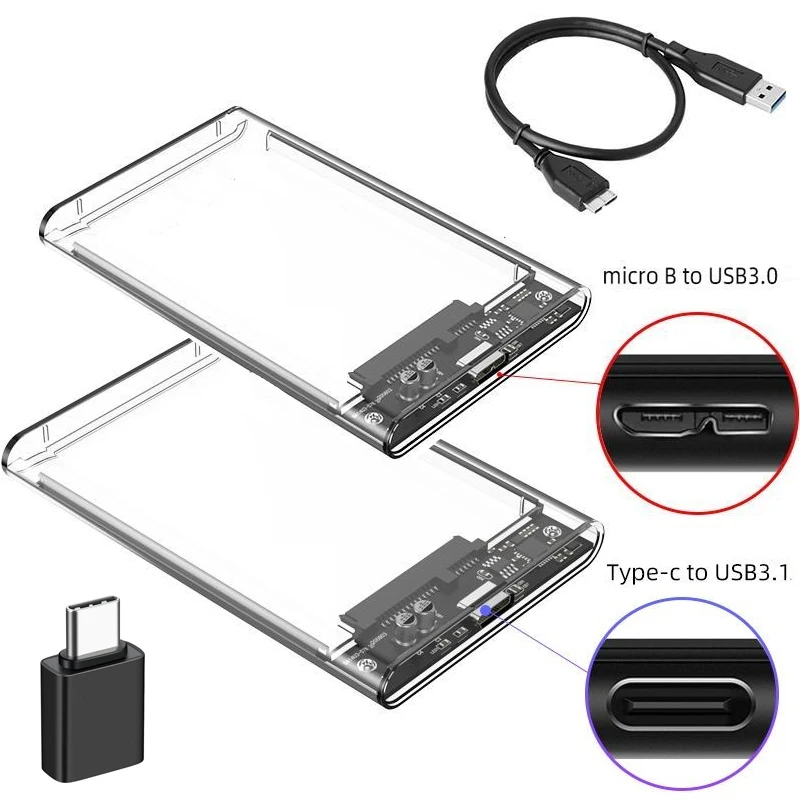 USB 3.0/Type C-SATA III 하드 디스크 케이스(2.5인치 HDD SSD용) 외장형 하드 드라이브 인클로저 하드 디스크 박스 UASP HDD 박스 지원