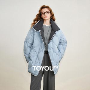 TOYOUTH 여성용 90% 화이트 덕 다운 재킷 2025 겨울 신상 다이아몬드 그리드 양면 대비 색상 스플라이싱 재킷 코트
